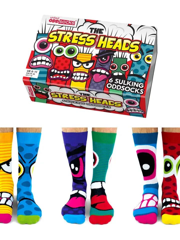 UNITED ODDSOCKS STESS HEADS SIX FUNKY FACED ODD SOCKS FOR MEN SIZE 6 /11 GIFT - Pixel Corner