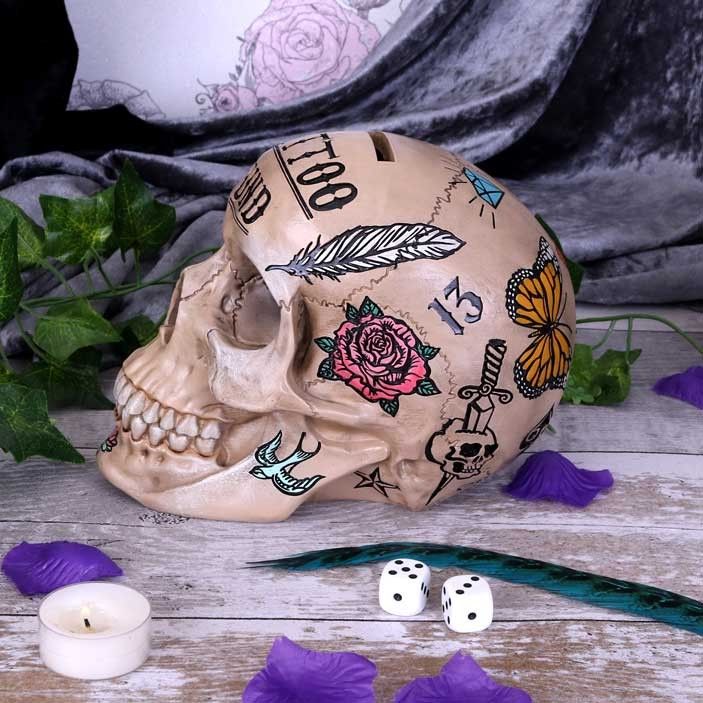 Tattoo Fund (Bone) Natural Bone Coloured Skull Money Box | Nemesis Now | Quirky Decor - Pixel Corner