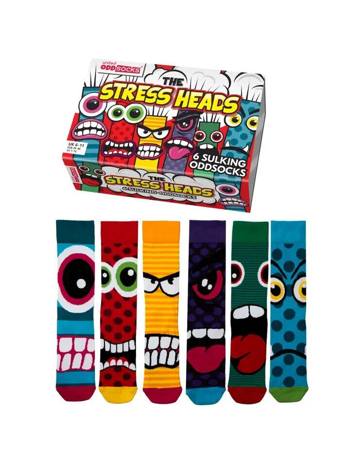 UNITED ODDSOCKS STESS HEADS SIX FUNKY FACED ODD SOCKS FOR MEN SIZE 6 /11 GIFT - Pixel Corner