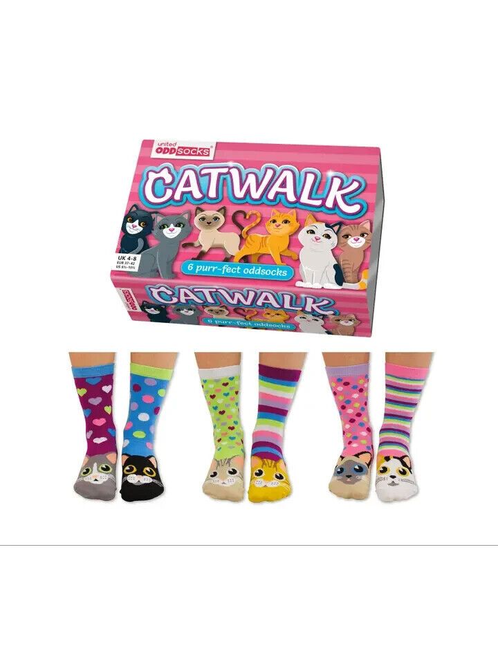 UNITED ODDSOCKS CATWALK SIX PURRFECT CAT ODD SOCKS FOR LADIES UK 4 - 8 GIFT IDEA - Pixel Corner