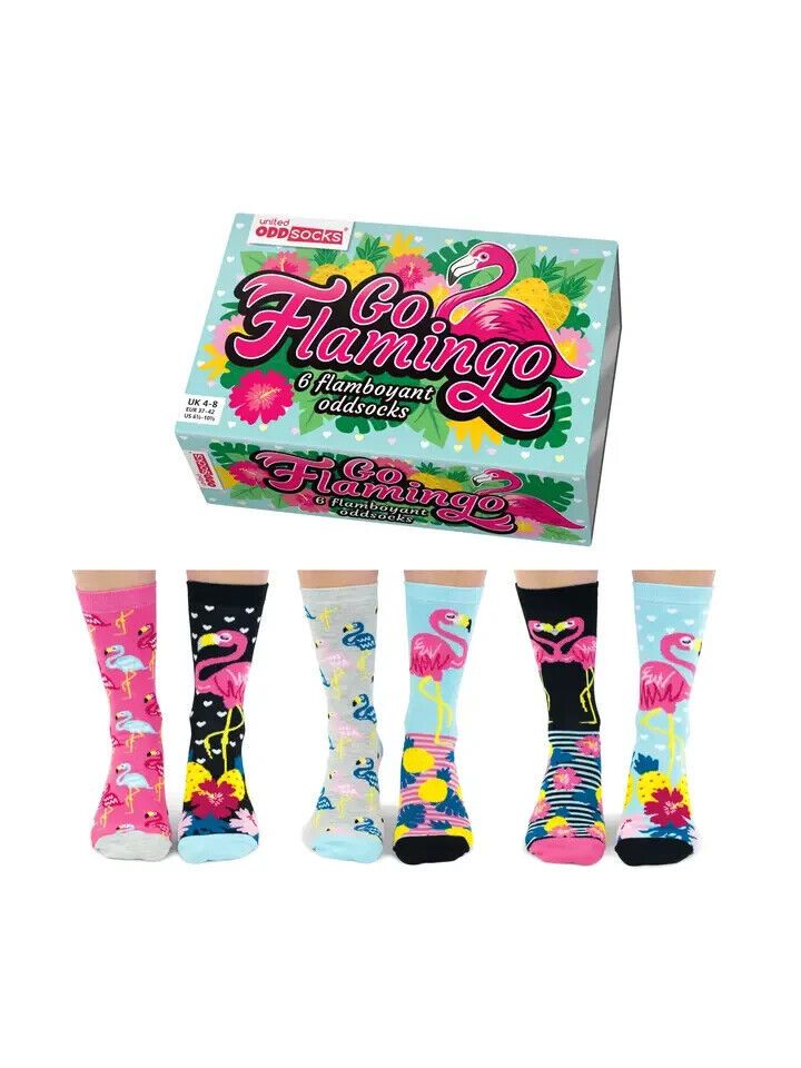 UNITED ODDSOCKS GO FLAMINGO SIX WILD FUNKY ODD SOCKS LADIES UK 4 - 8 GIFT BOXED - Pixel Corner