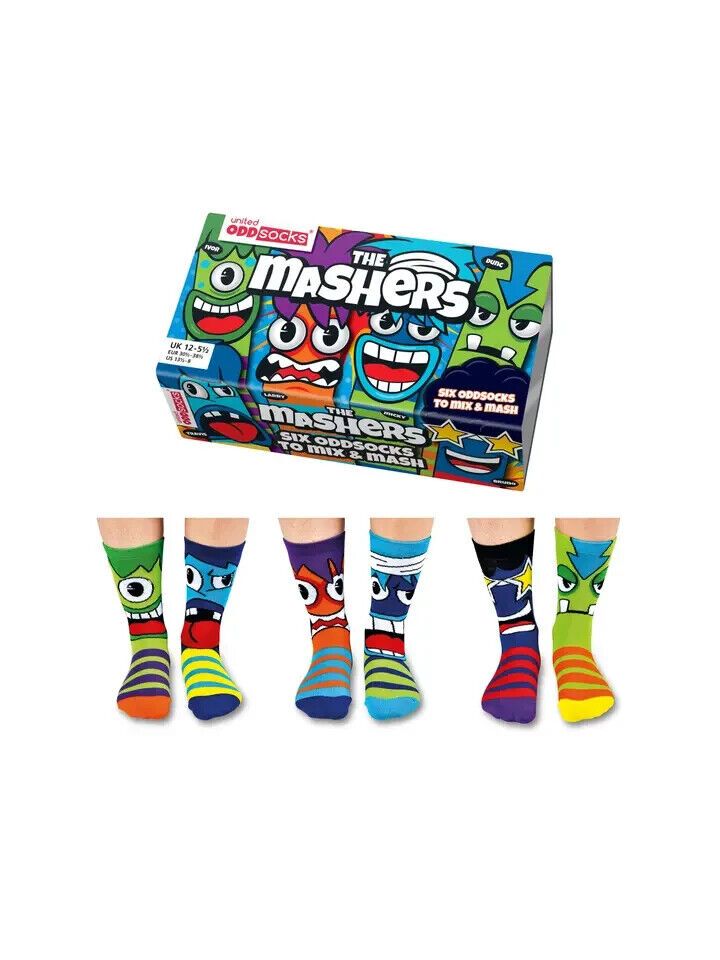 United Oddsocks "The Mashers"  Kids Size UK 12-6  Set Of 6 Odd Socks - Pixel Corner